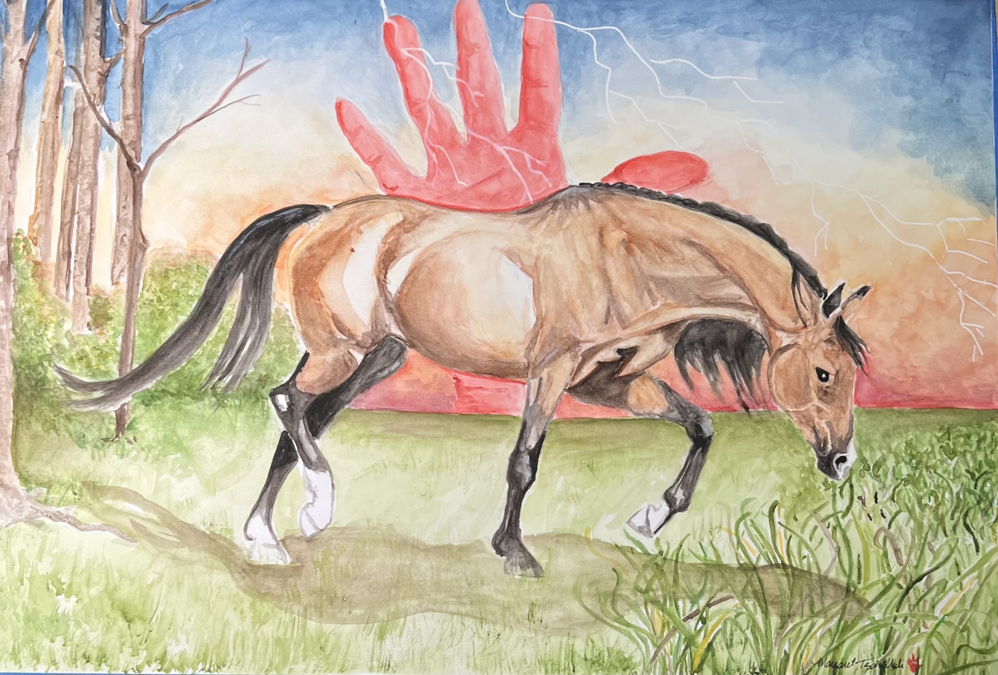 Click here to view Bay Star Pony Searches the Stormy Grasslands  by Margaret Littlejohn W